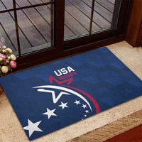 Blue rubber doormat with USA Rugby eagle emblem and star accents at doorway