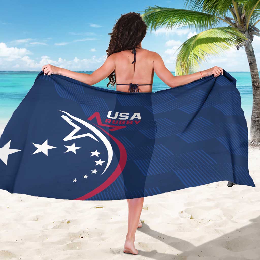 Blue USA Rugby sarong held wide, featuring USA Rugby crest and star emblem