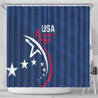 Blue USA Rugby shower curtain showing USA Rugby text and star emblem