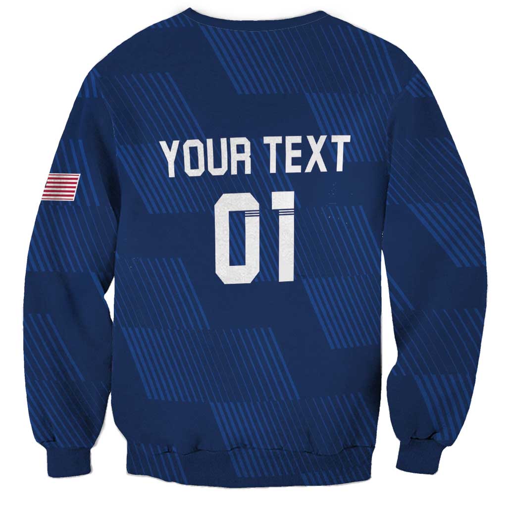 Blue unisex rugby sweatshirt back with YOUR TEXT 01 print and small flag patch