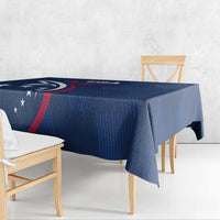 Blue rugby tablecloth with USA eagle and red stripe, draped over a table