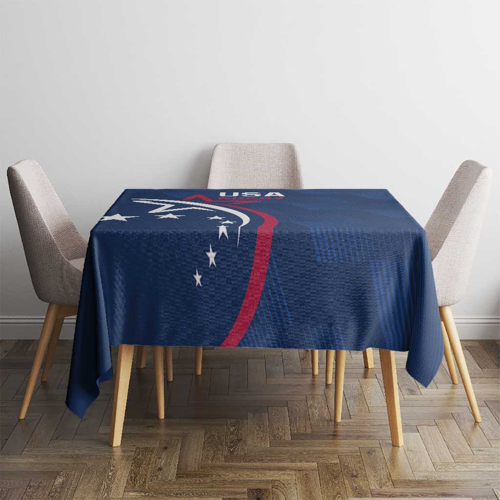 Blue rugby tablecloth with USA eagle and red stripe, on a table with chairs