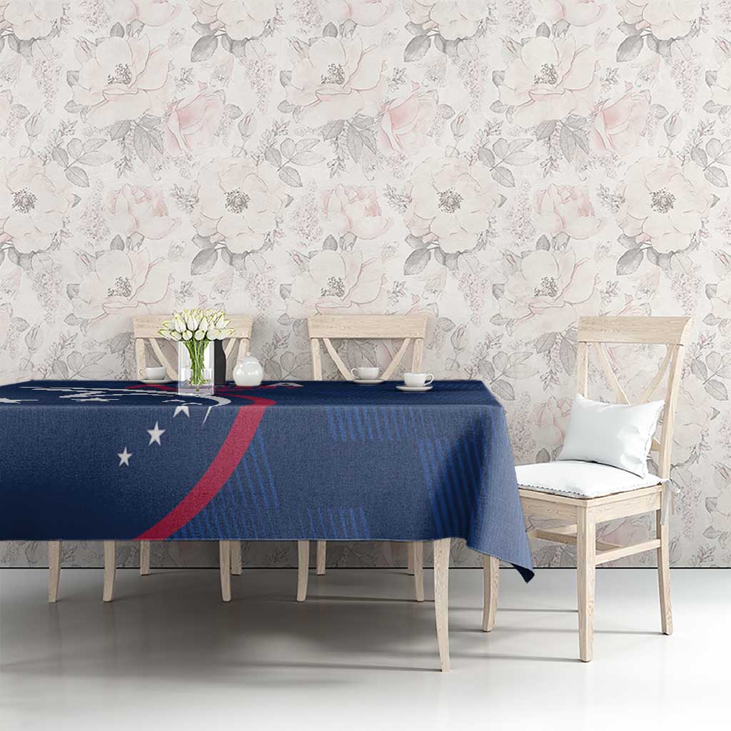 Blue rugby tablecloth with USA eagle and red stripe, draped on a dining table