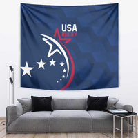 Blue USA Rugby tapestry with white eagle, stars, and red curved ring on blue