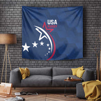 Blue USA Rugby tapestry with white eagle and stars over check pattern, red accents