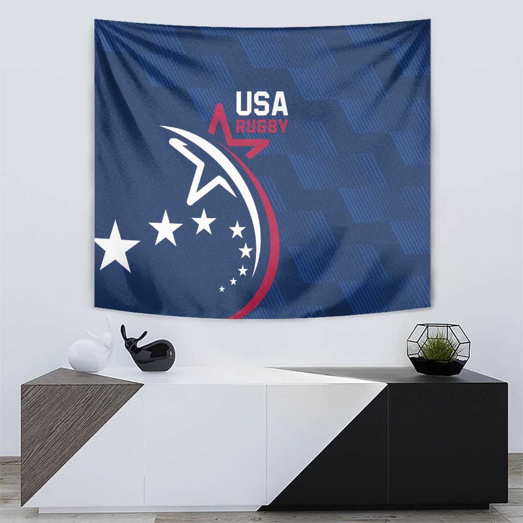 Blue USA Rugby wall tapestry featuring white eagle and stars with red outline