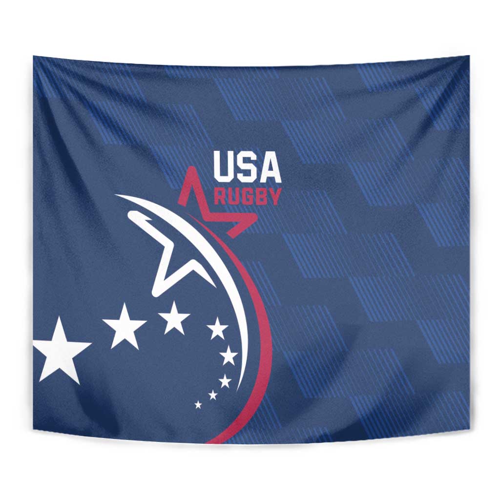 Blue USA Rugby tapestry close-up with white eagle and star emblem, red ring