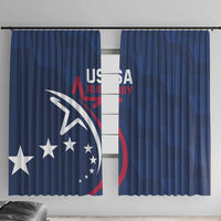 Blue USA rugby window curtain with large circular logo and stars, hanging panel