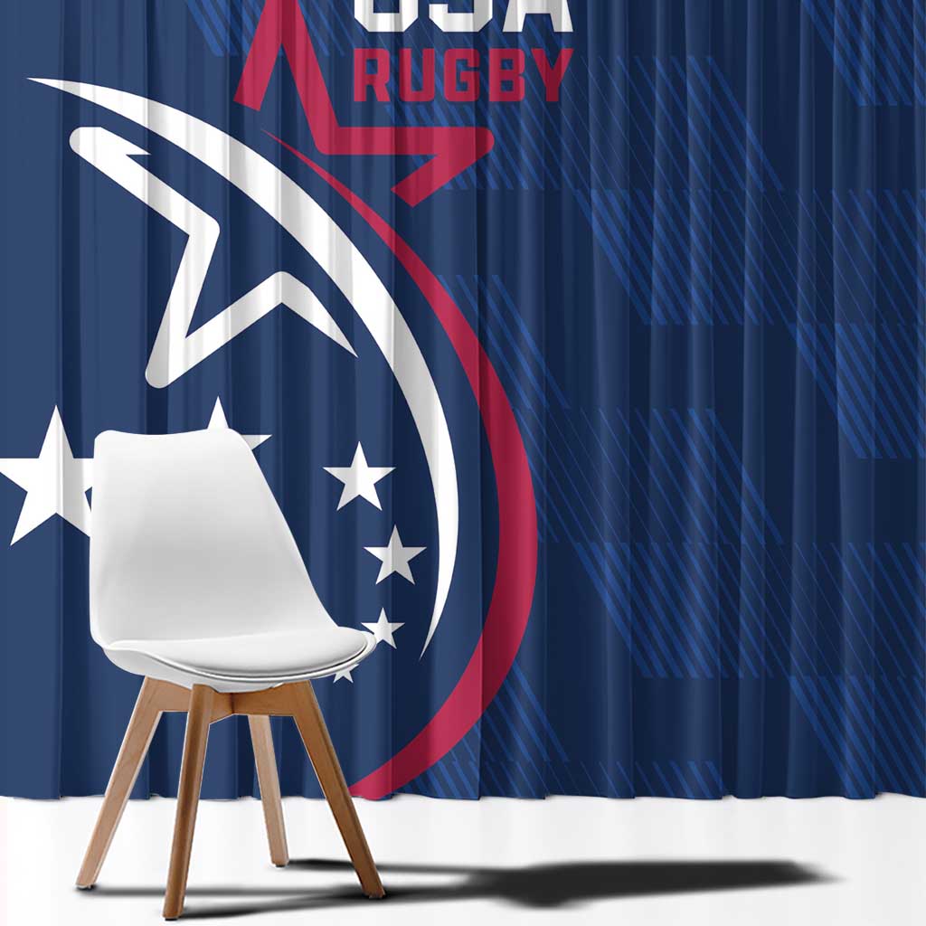 Blue USA rugby window curtain close-up with big circular logo and star accents