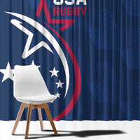 Blue USA rugby window curtain close-up with big circular logo and star accents