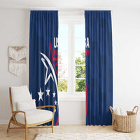Blue USA rugby window curtain set with large circular emblem and stars