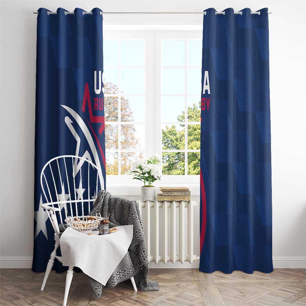 Blue USA rugby window curtains with hanging rod and large circular logo