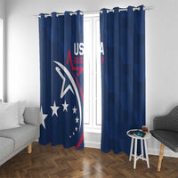 Blue USA rugby window curtains with grommet-style top and circular logo