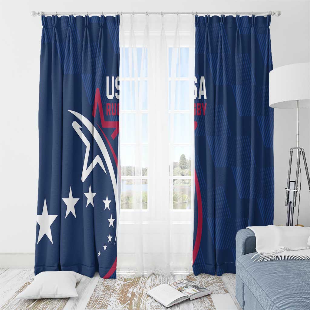 Blue USA rugby window curtains with grommet-style top and centered emblem