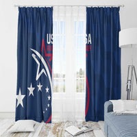 Blue USA rugby window curtains with grommet-style top and centered emblem