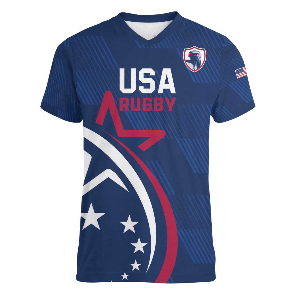 USA 2024 Rugby Women V-Neck T-Shirt Soar Like an Eagle Blue Version