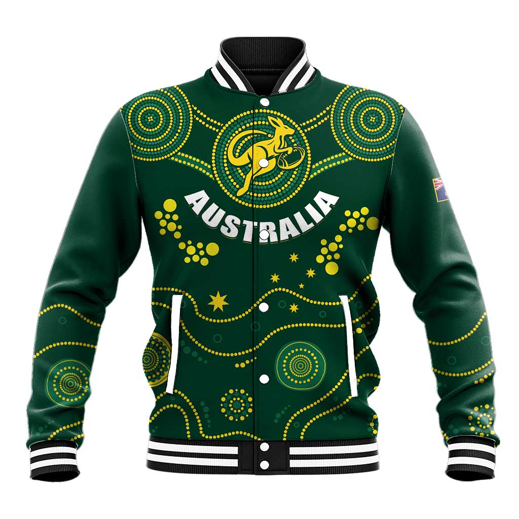 Green unisex rugby baseball jacket, front zipper with Australia kangaroo crest and gold swirls