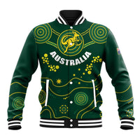 Green unisex rugby baseball jacket, front zipper with Australia kangaroo crest and gold swirls