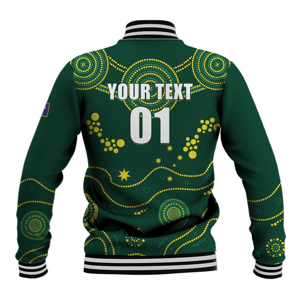 Green unisex rugby baseball jacket, back graphic with number 01 and gold accents