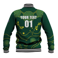 Green unisex rugby baseball jacket, back graphic with number 01 and gold accents