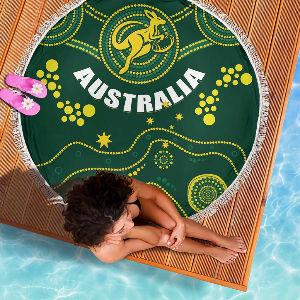 Round green beach blanket with tassel fringe, 'AUSTRALIA' and dotted wave patterns