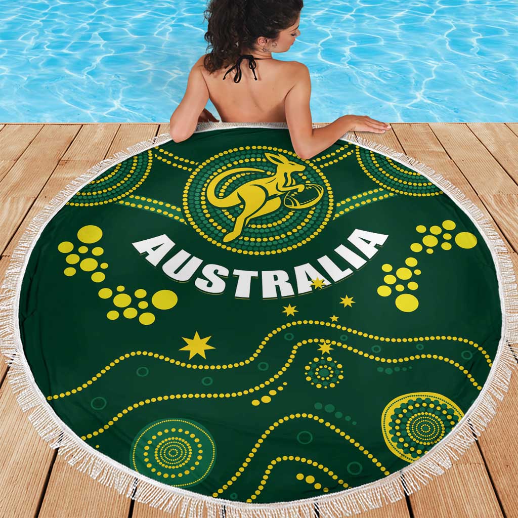 Green round beach blanket with tassel fringe, kangaroo emblem and AUSTRALIA lettering