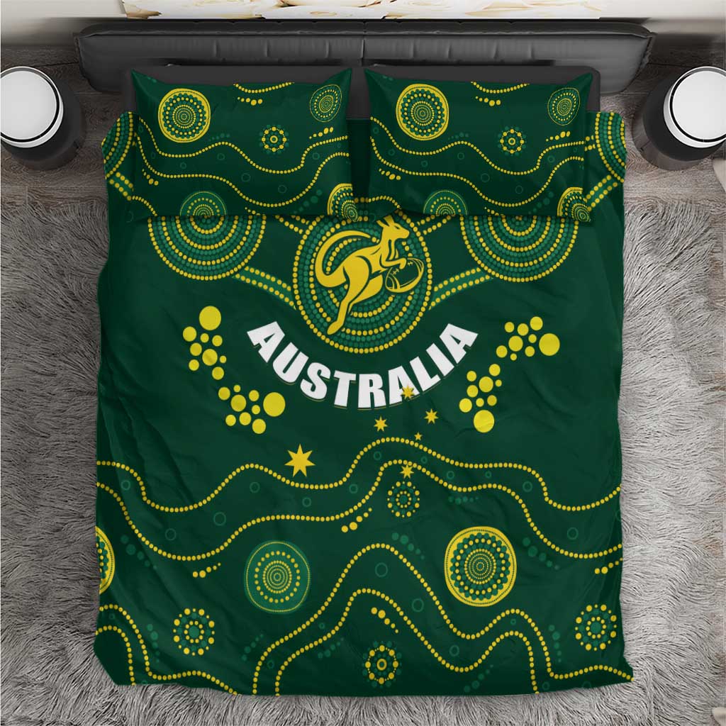 Green duvet cover with yellow dot-and-line pattern and Australia kangaroo crest