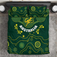 Green duvet cover with yellow dot-and-line pattern and Australia kangaroo crest
