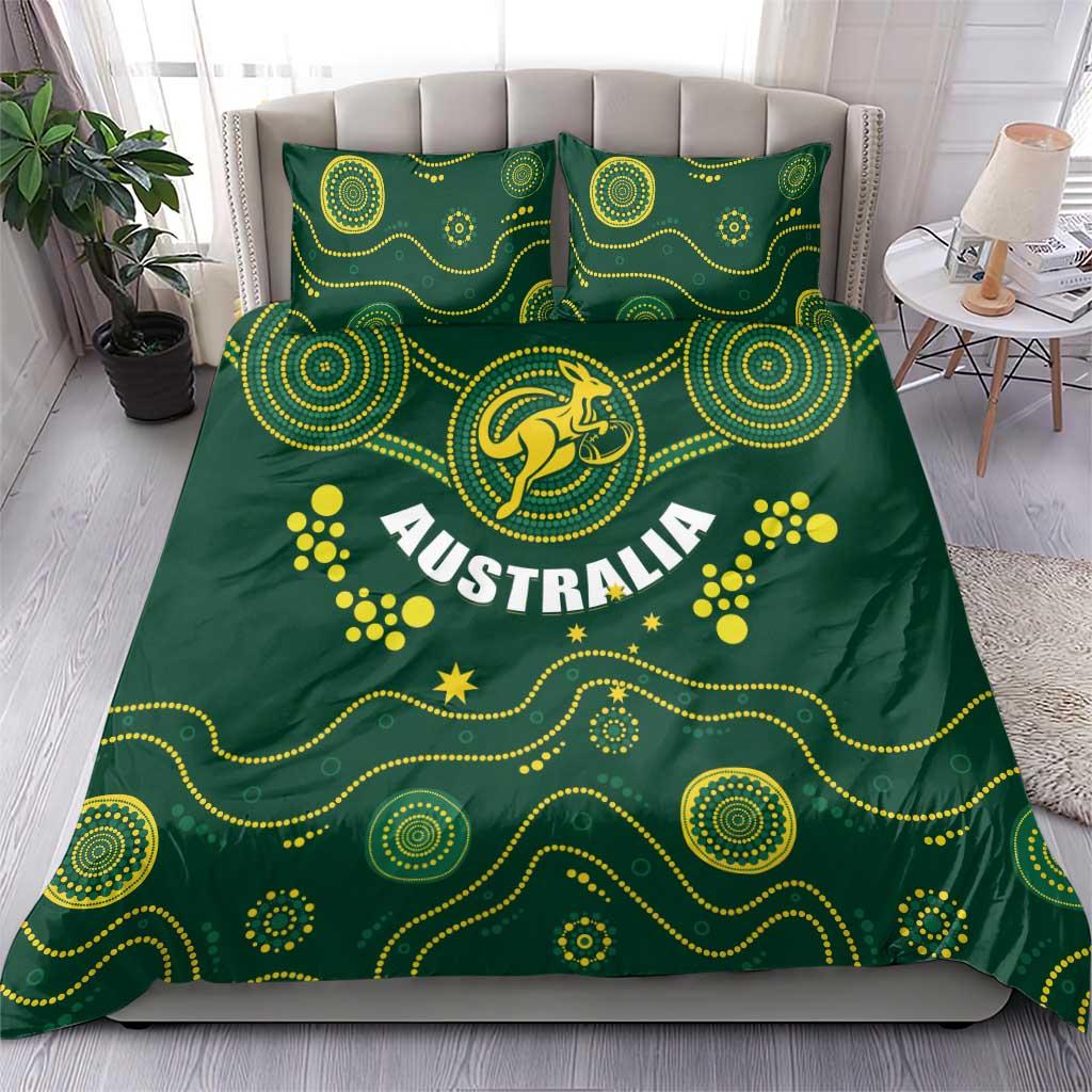 Green bedding set: duvet cover and pillowcases with yellow Australia kangaroo design