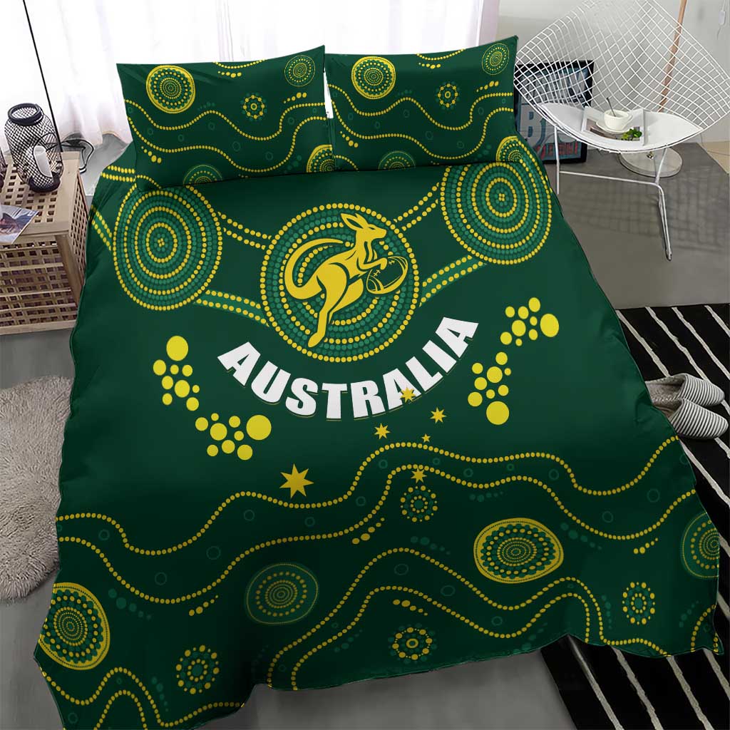 Green duvet cover featuring Australia text and kangaroo emblem with yellow pattern