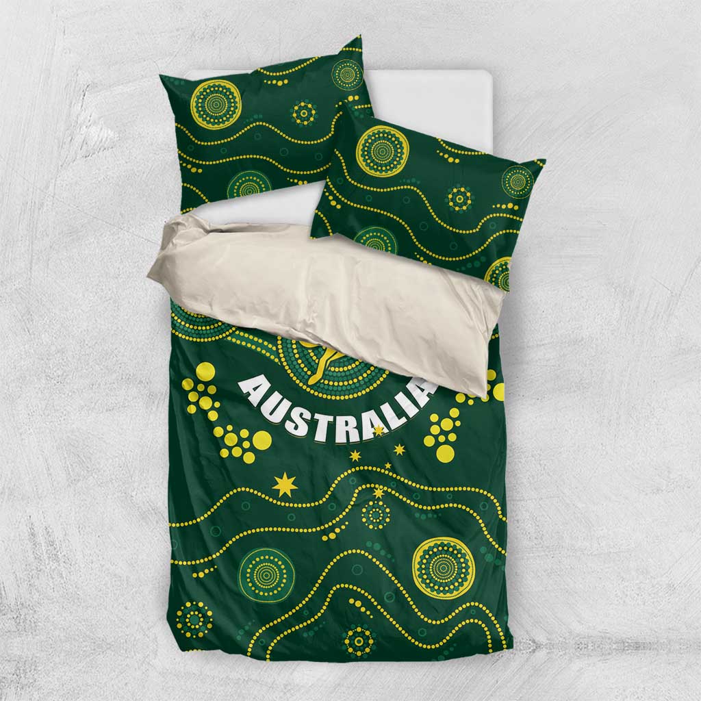 Green bedding set displayed: duvet cover with yellow Australia kangaroo design and pillows