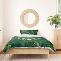 Green duvet cover with yellow Australia text, kangaroo emblem, and circular motif border