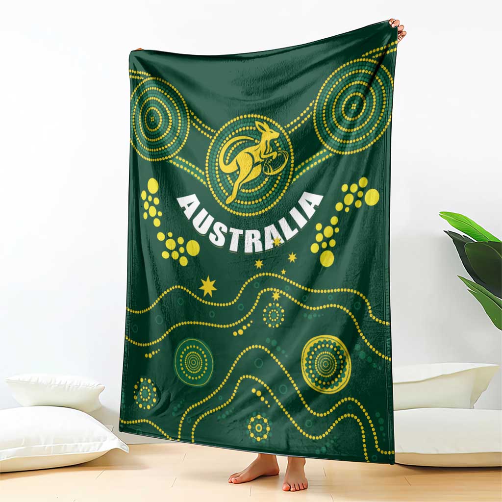 Green Australia rugby blanket with Wallabies kangaroo emblem and yellow dot waves