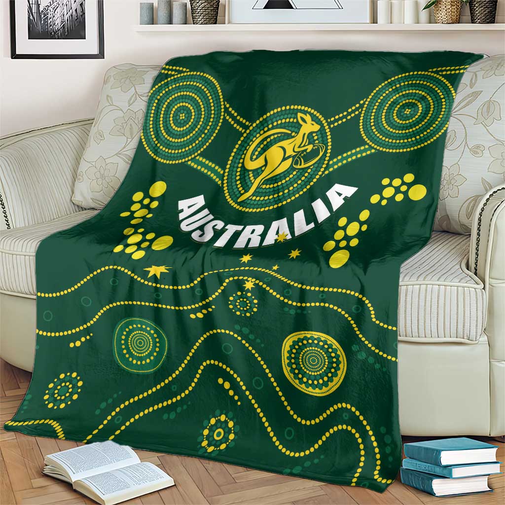 Green Australia rugby blanket with Wallabies kangaroo emblem and circular dot designs