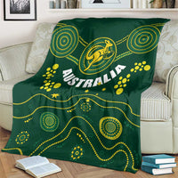 Green Australia rugby blanket with Wallabies kangaroo emblem and circular dot designs