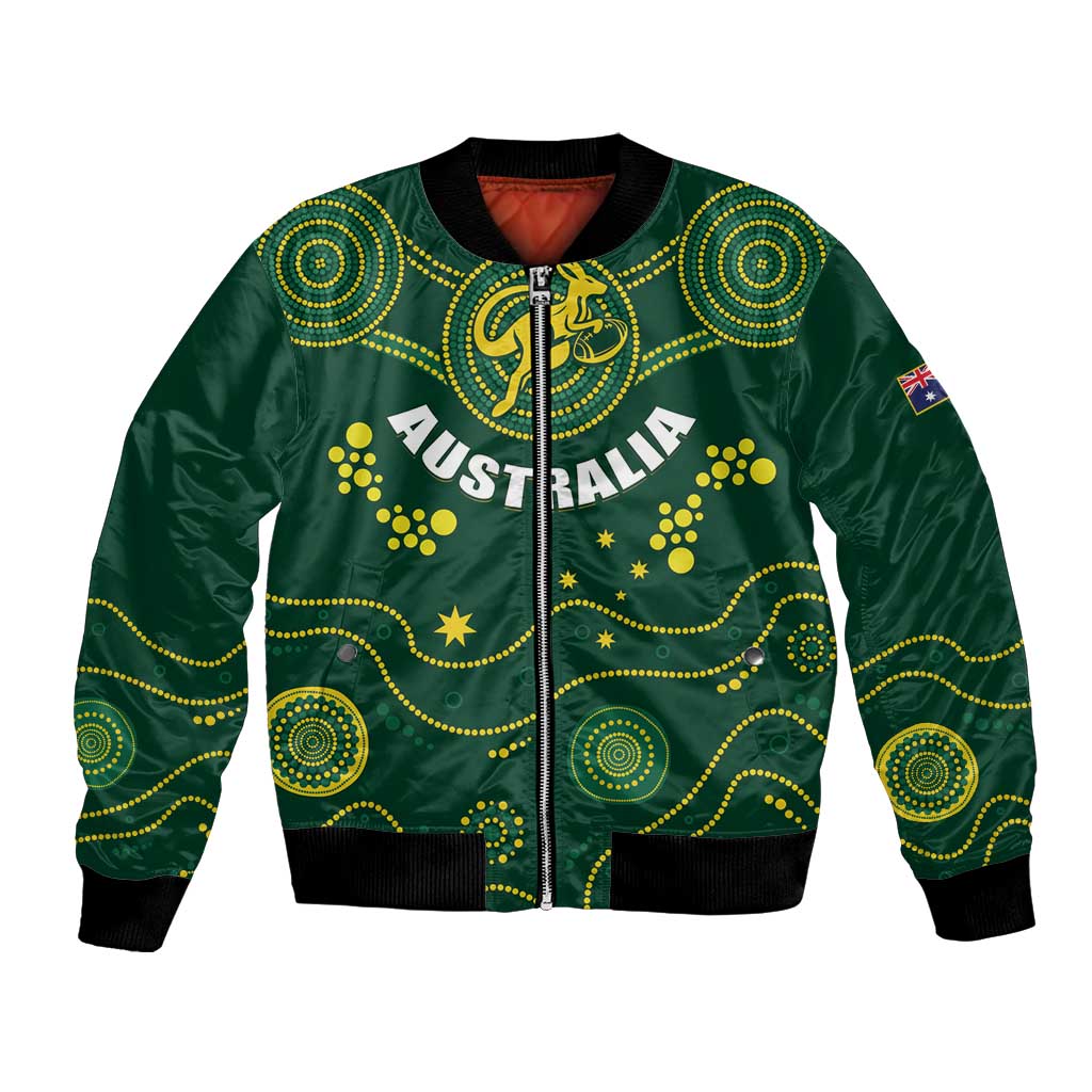 Green bomber jacket with full zipper, AUSTRALIA crest and dotted gold Aboriginal patterns
