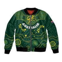 Green bomber jacket with full zipper, AUSTRALIA crest and dotted gold Aboriginal patterns