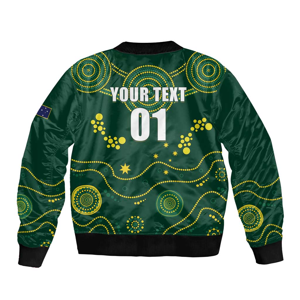 Green bomber jacket back with YOUR TEXT 01 graphic, stars and dotted gold pattern