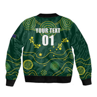 Green bomber jacket back with YOUR TEXT 01 graphic, stars and dotted gold pattern