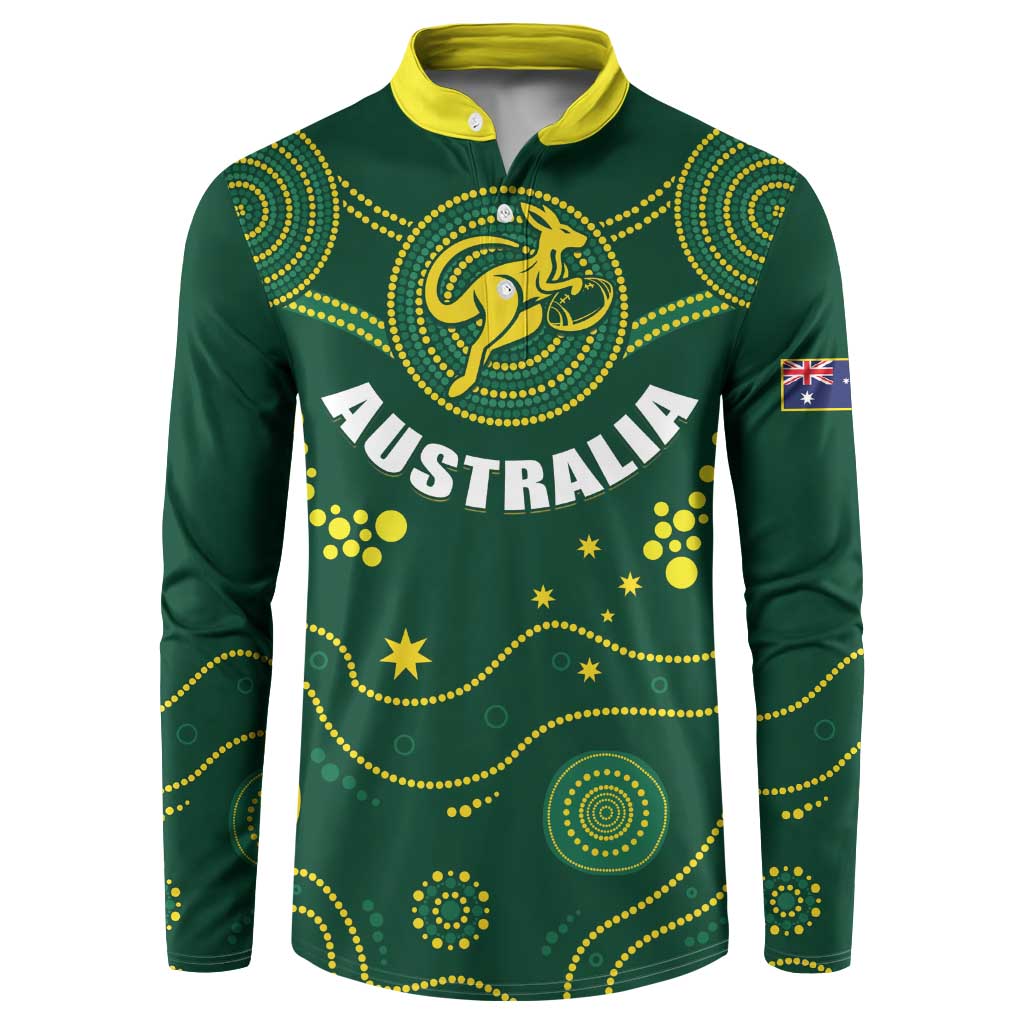 Green rugby button sweatshirt with yellow collar; front Australia kangaroo crest and stars