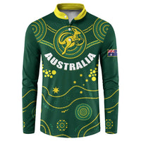 Green rugby button sweatshirt with yellow collar; front Australia kangaroo crest and stars