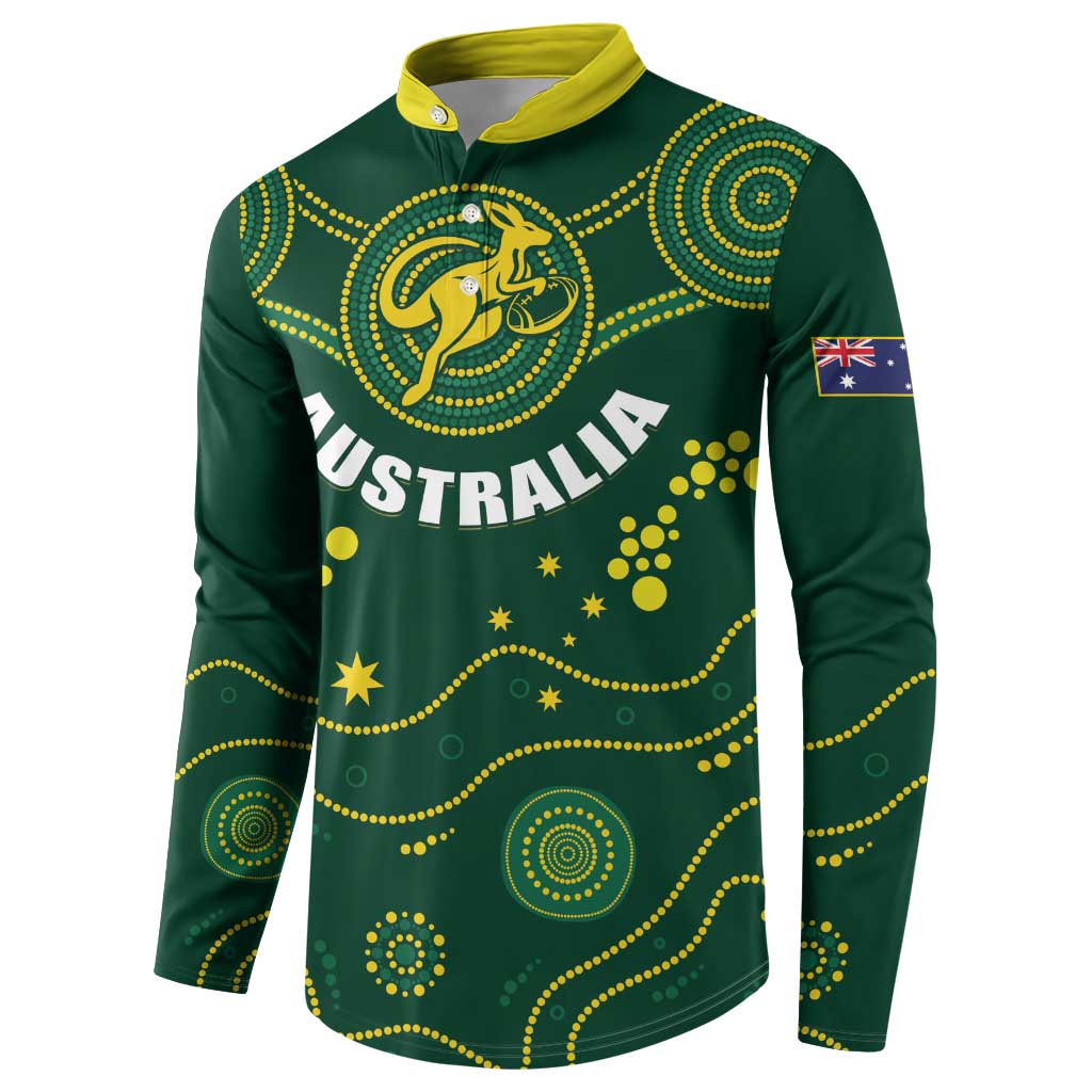 Green long-sleeve rugby button sweatshirt with yellow collar; bold front Australia print