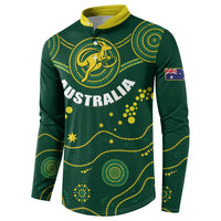 Green long-sleeve rugby button sweatshirt with yellow collar; bold front Australia print