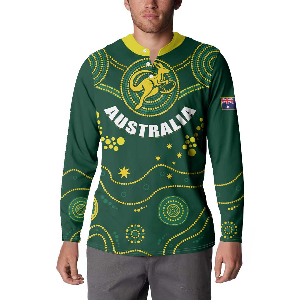Green rugby button sweatshirt with yellow collar; front Australia graphic and kangaroo emblem