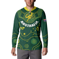 Green rugby button sweatshirt with yellow collar; front Australia graphic and kangaroo emblem