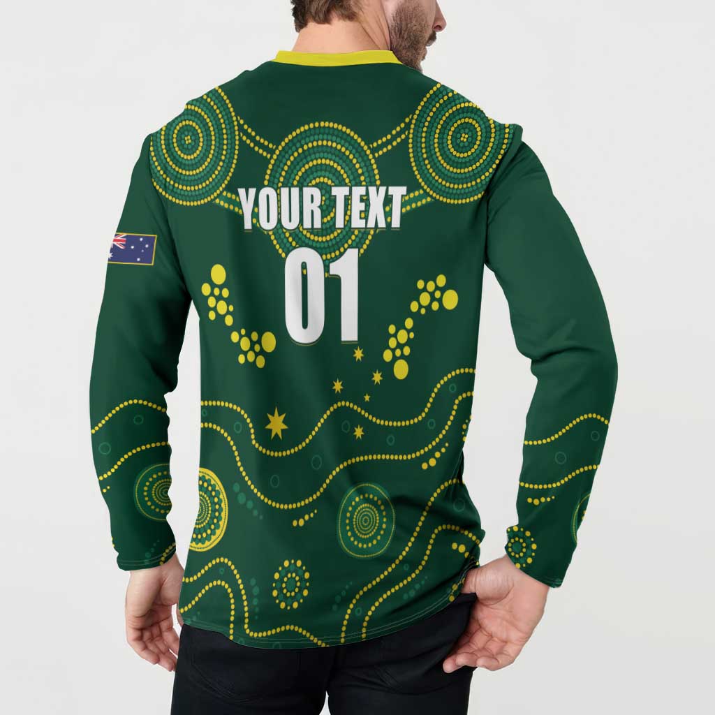 Green rugby button sweatshirt back view with yellow collar; "YOUR TEXT" 01 and dotted pattern