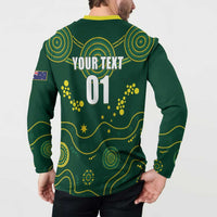 Green rugby button sweatshirt back view with yellow collar; "YOUR TEXT" 01 and dotted pattern