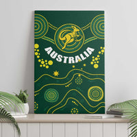 Green Australia canvas wall art standing on shelf with kangaroo emblem and dotted waves