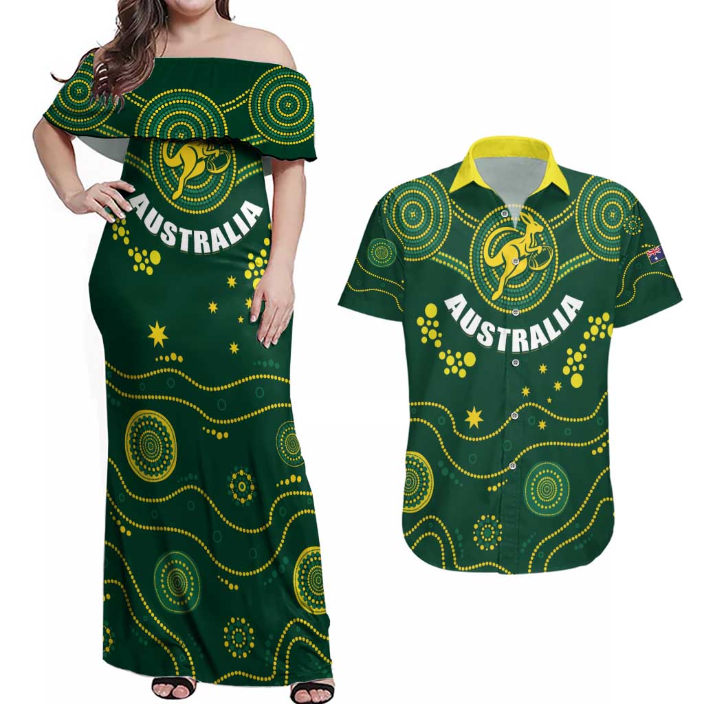 Australia 2024 Rugby Couples Matching Off Shoulder Maxi Dress and Hawaiian Shirt Go Wallabies - Wonder Print Shop