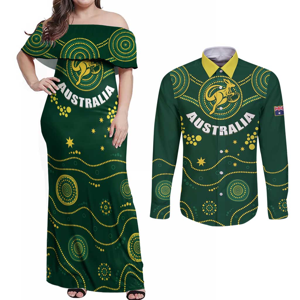 Australia 2024 Rugby Couples Matching Off Shoulder Maxi Dress and Long Sleeve Button Shirt Go Wallabies - Wonder Print Shop